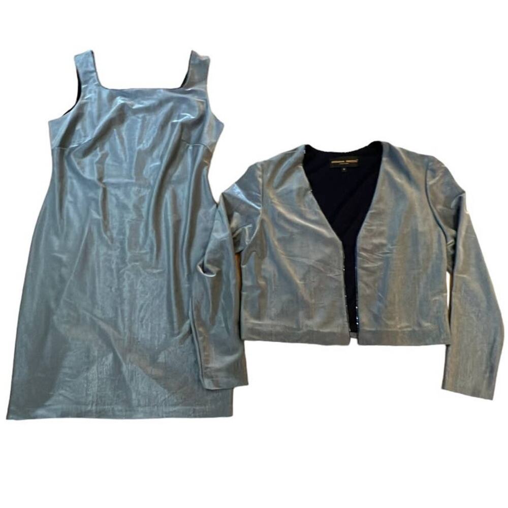 VTG‎ Donna Ricco Metallic Silver Beaded Trim Square Neck Dress & Jacket Set 8